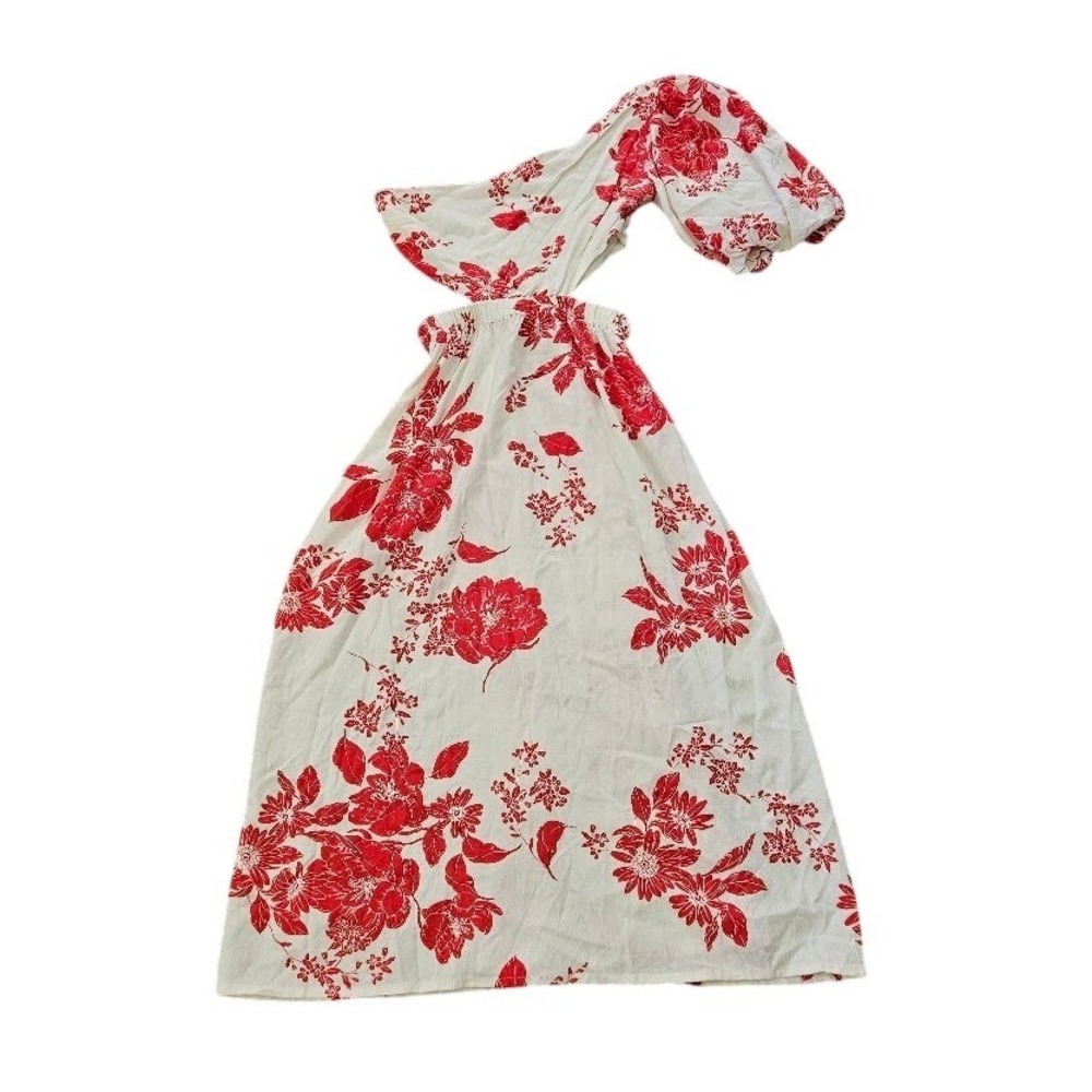 Olivaceous One Shoulder Floral Midi Dress Red Cream Cutout Linen Blend Medium